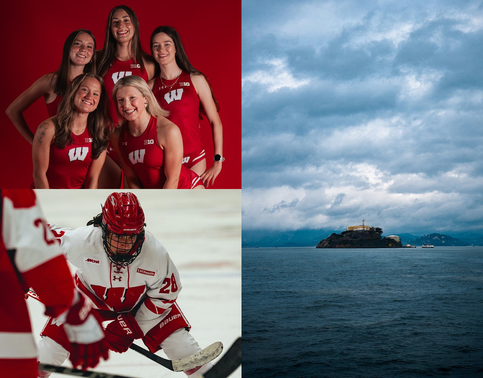 Photography project cover with Wisconsin athletes, a hockey player, and an island beneath cloudy skies