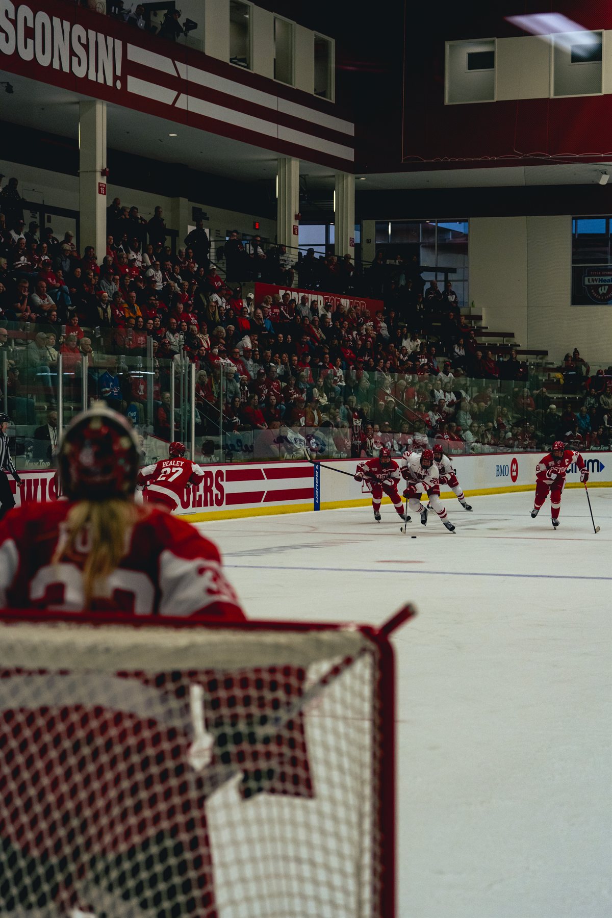 Laney Potter in game action viewed from behind the opposing goal