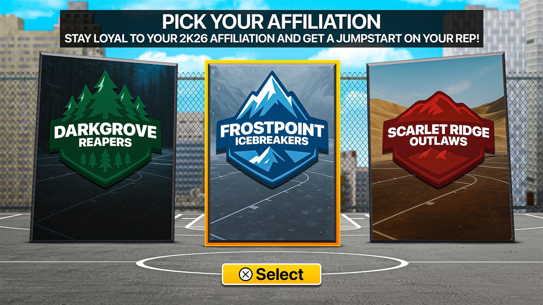 NBA 2K26 affiliation selection screen concept with three playable affiliations
