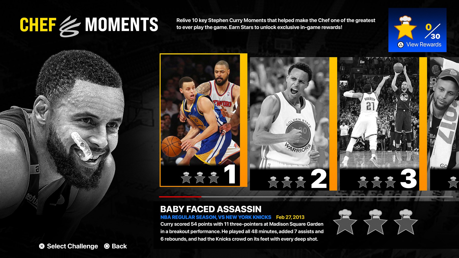 NBA 2K Chef Moments challenge hub featuring Stephen Curry moments