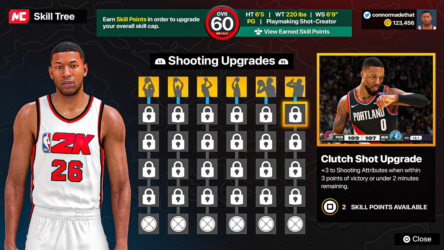 NBA 2K MyPLAYER skill tree interface with shooting upgrades