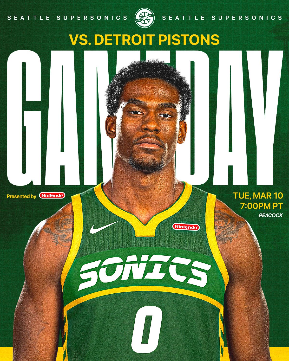 SuperSonics game-day matchup announcement featuring the team identity