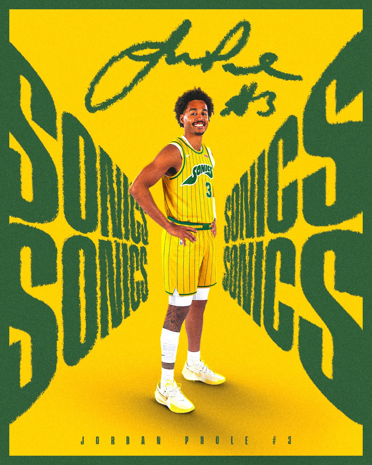 Jordan Poole player graphic with a distorted SuperSonics wordmark