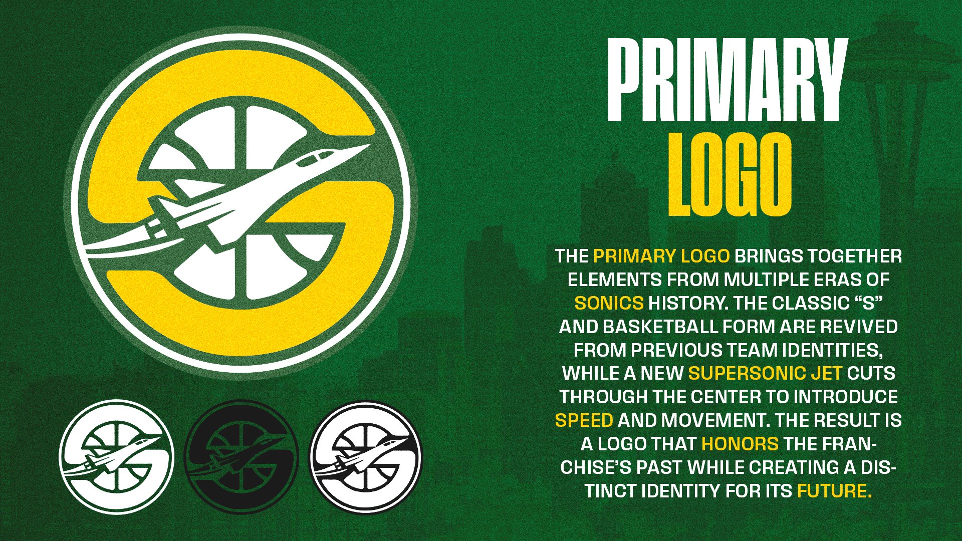 Primary SuperSonics logo concept with a basketball-inspired S and central jet motif