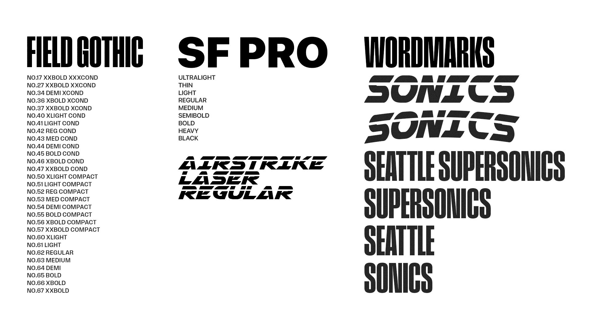 Typography study pairing Field Gothic and SF Pro with Seattle SuperSonics wordmarks